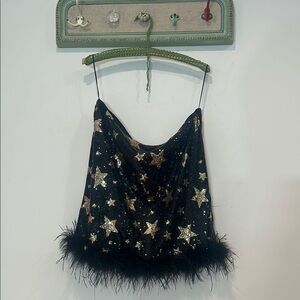Black Sequin Gold Star Party Mini with Feather Trim women’s XL